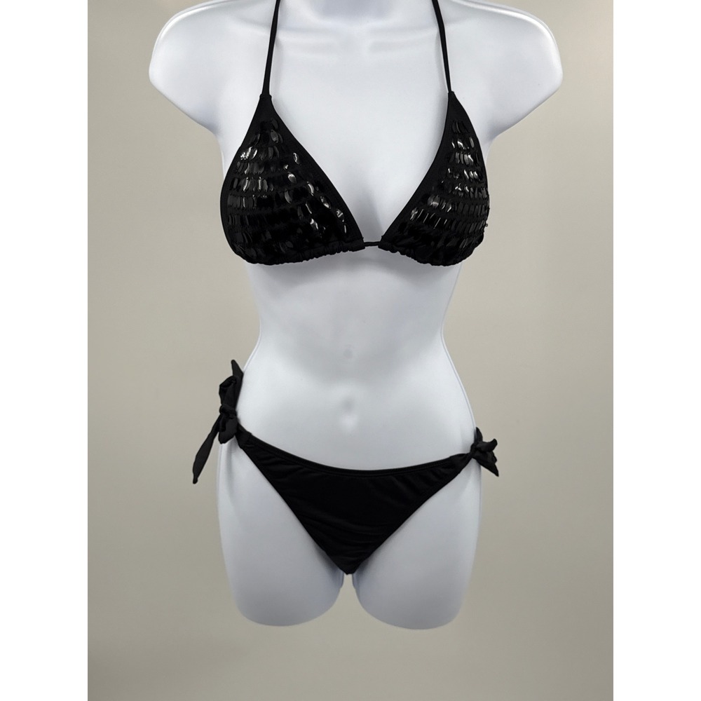 ENVYA Black Sequin Triangle String Bikini Set Side Tie Bottoms Small S0670A
